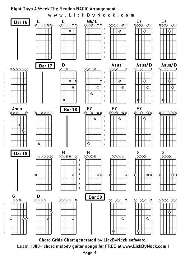 Chord Grids Chart of chord melody fingerstyle guitar song-Eight Days A Week-The Beatles-BASIC Arrangement,generated by LickByNeck software.